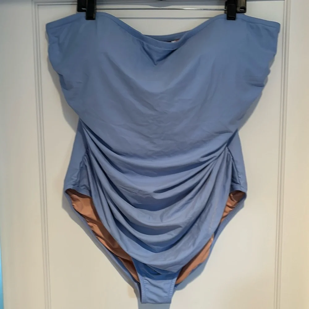 Reimagined by J Crew ruched bandeau one piece bathing suit in Pale Seascape